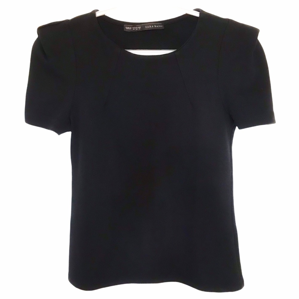 ZARA  BLACK SHORT SLEEVE TEE TOP WITH LAYERED SHOULDERS - XS